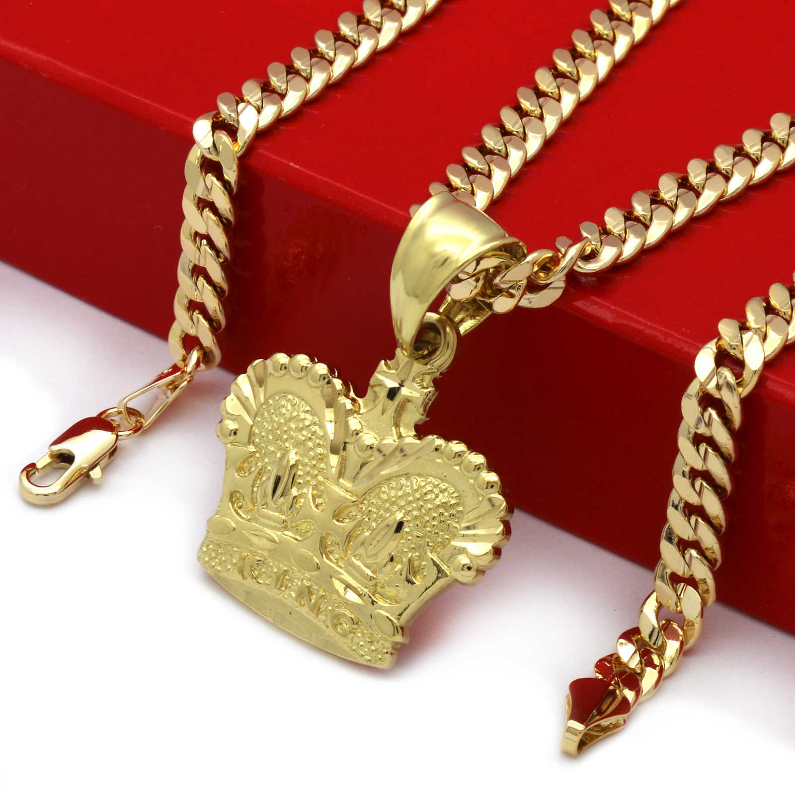 Mens 18k Gold Plated King Crown Royalty Pendant 5mm 24″ Cuban Necklace Chain