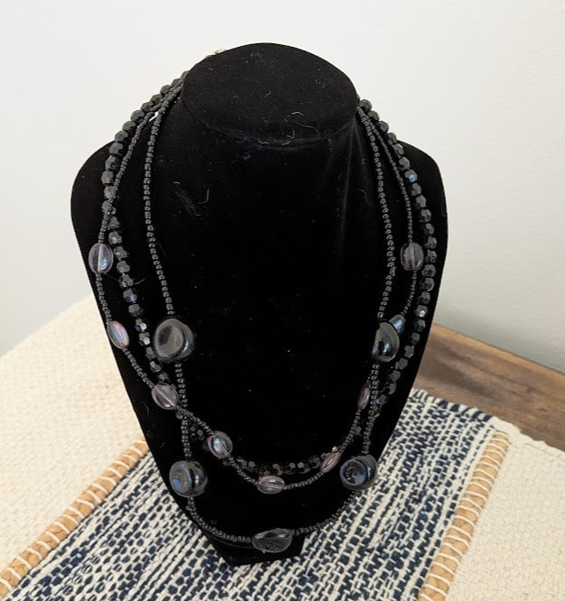 Contemporary Statement Black Glass Bead Multi Strand Necklace Boho Chic Layered