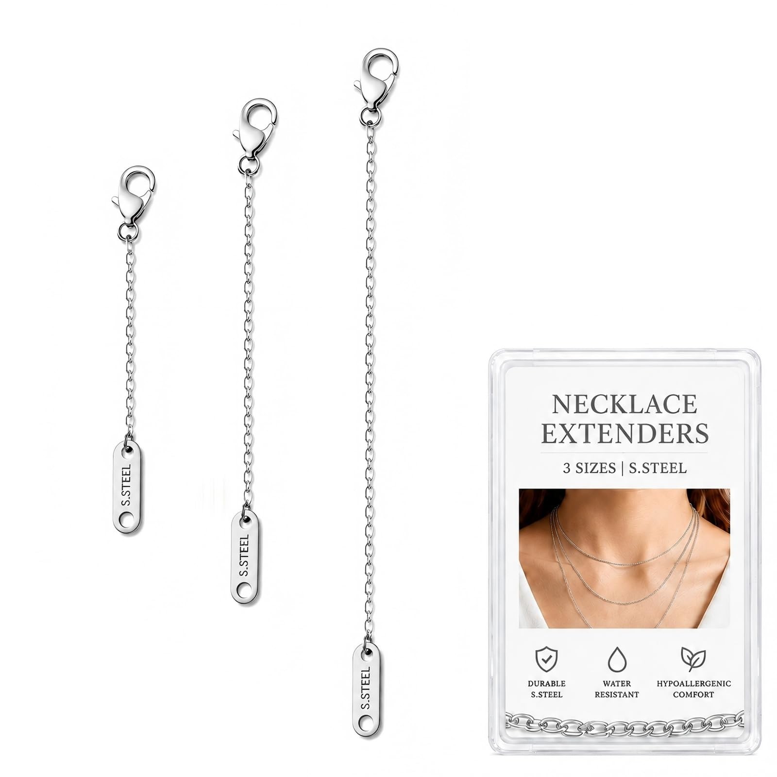 3PCS Silver Necklace Extenders for , Stainless Steel Necklace Extension Chain…