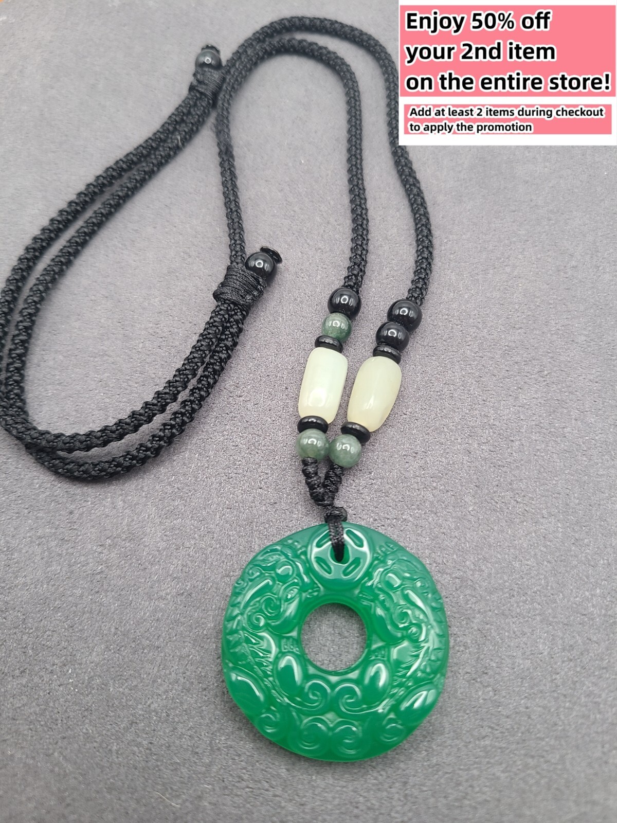Jade Charm Pendant Necklace W/ Beads Cord Handmade Round Carved Green Gemstone