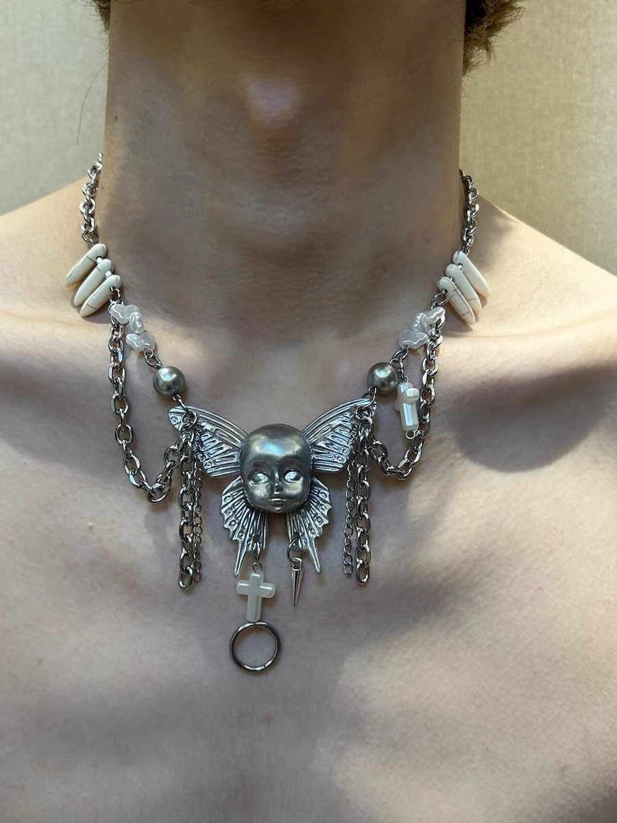 Gothic Winged Doll Head Statement Necklace