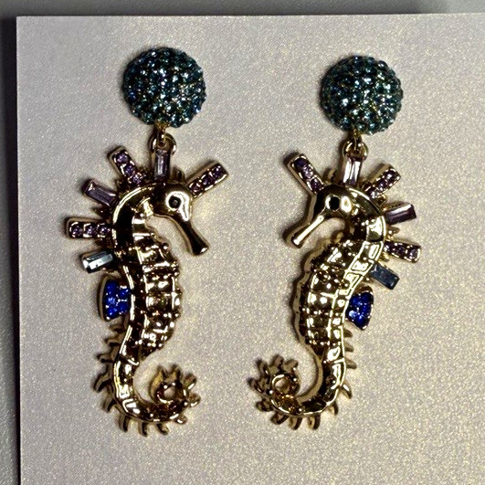 BaubleBar Seahorse Dangle Stud Earrings Gold Light Blue Crystal Rhinestones
