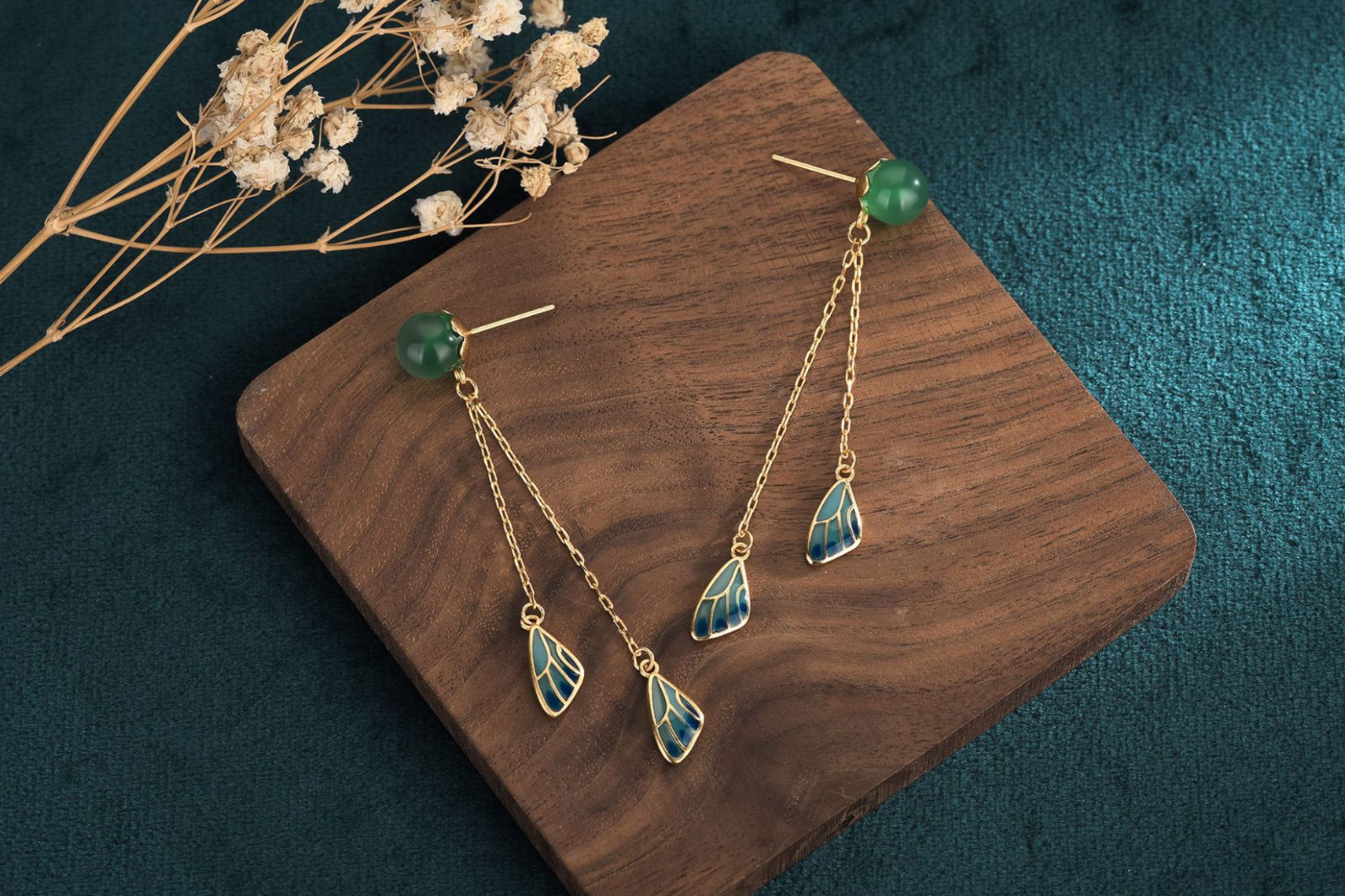 Jade Boho Drop Dangle Earrings Tassels Ear Stud 18K Gold Plated Wings Feather