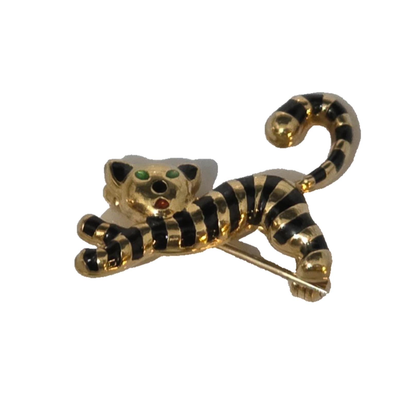 Vintage UNO-A-ERRE 18k 750 Gold 1 1/8″ Striped Cat with Green Eyes Unoaerre 3 gr