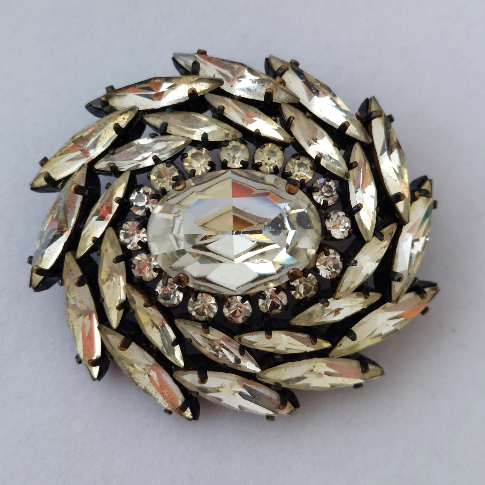 Vintage Clear Rhinestone Brooch with Large Center stone Marked Western Germany