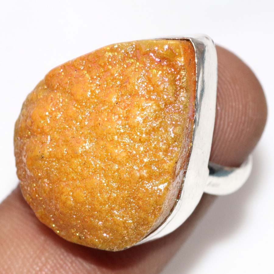 925 Silver Plated Yellow Titanium Druzy Ring US 8 Unique Fashion Jewelry GW