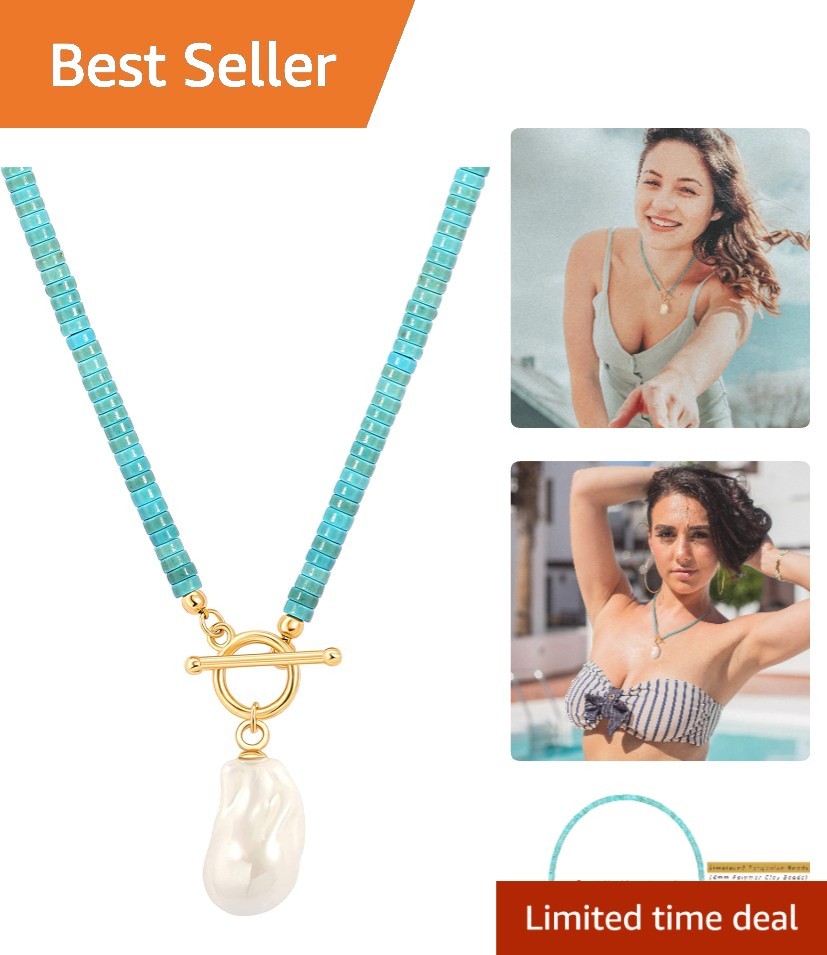 Retro Bohemian 18K Gold Choker Necklace with Turquoise and Baroque Pearl