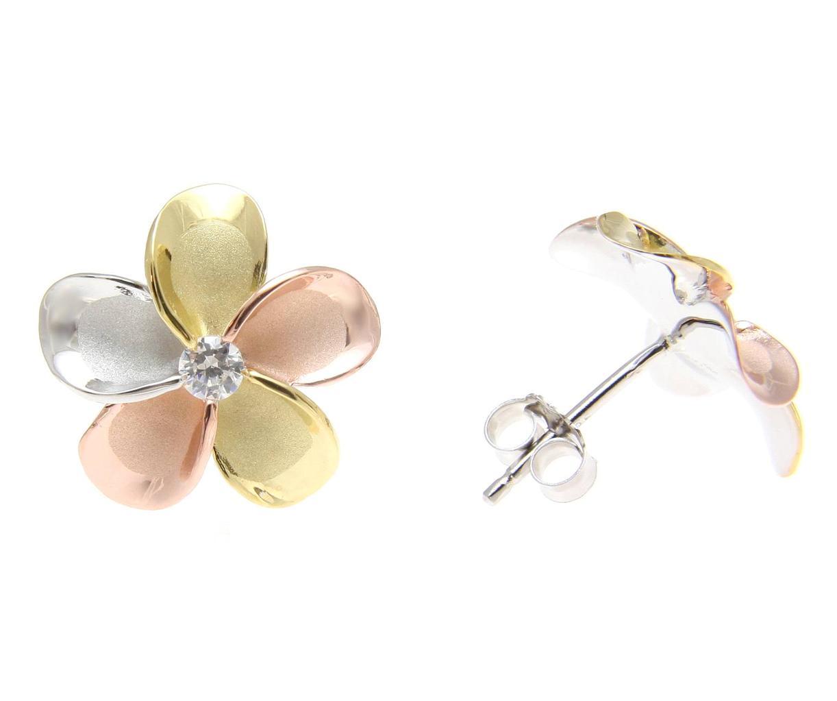 YELLOW ROSE GOLD SILVER 925 TRICOLOR HAWAIIAN PLUMERIA STUD EARRINGS CZ 8MM-18MM