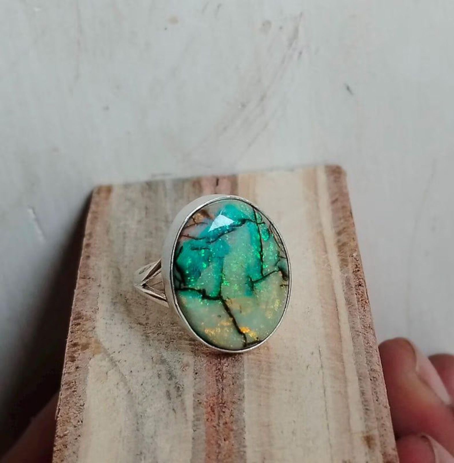 925 Sterling Silver Monarch Opal Ring Split Band Oval Cabochon Statement Ring