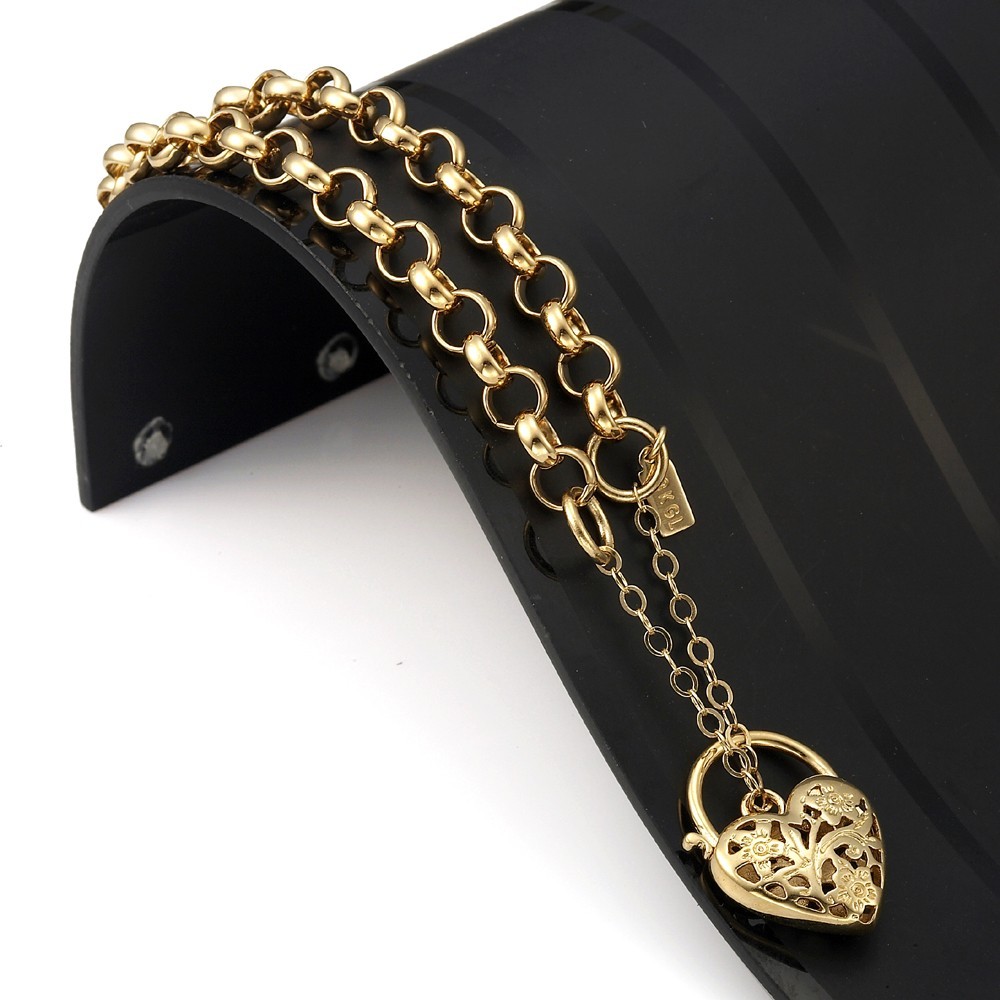 18K GL Solid Belcher Yellow Gold Bracelet & Filigree Heart Padlock