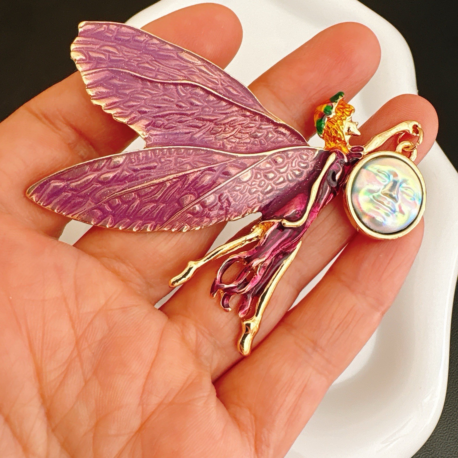 Vintage-Inspired Enamel Fairy Brooch Pendant Pink Wings Moon Star Gold Tone Pin