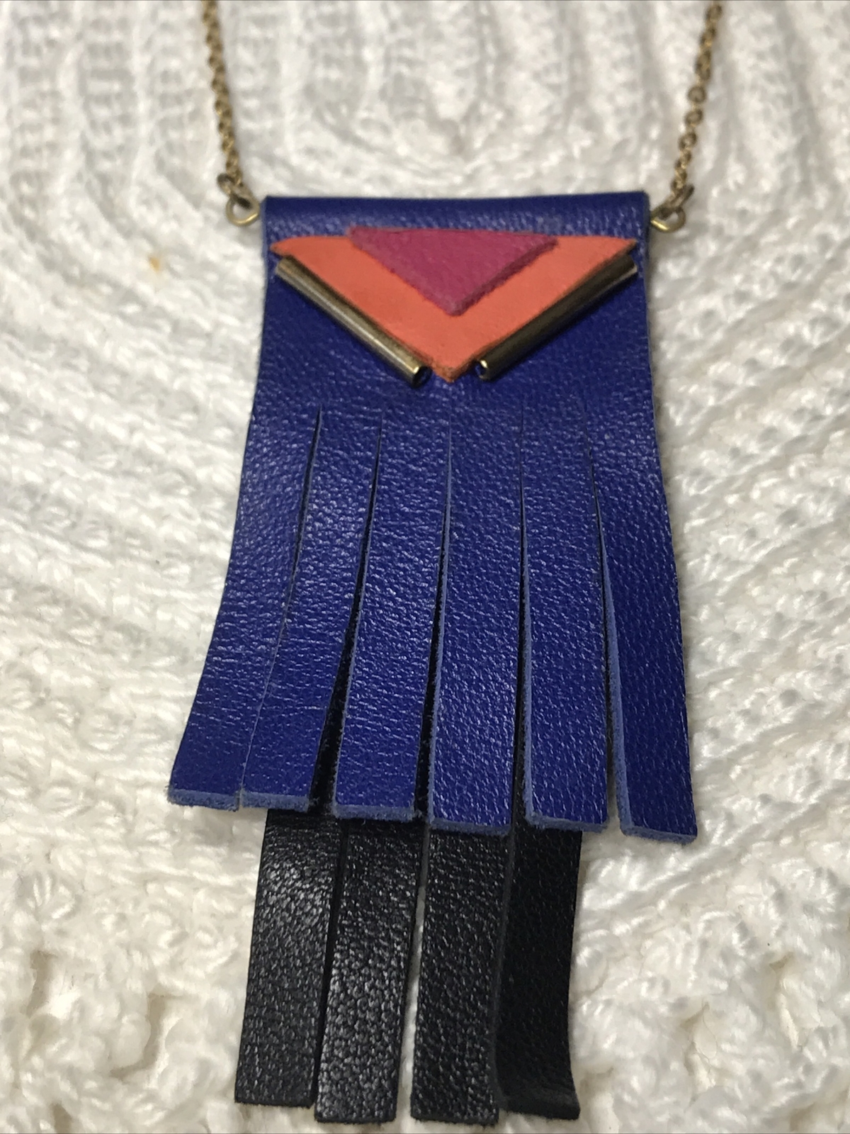 Fosseth Necklace Blue Orange Pink Leather Pendant GoldTone Chain Adj 20”- 22” L
