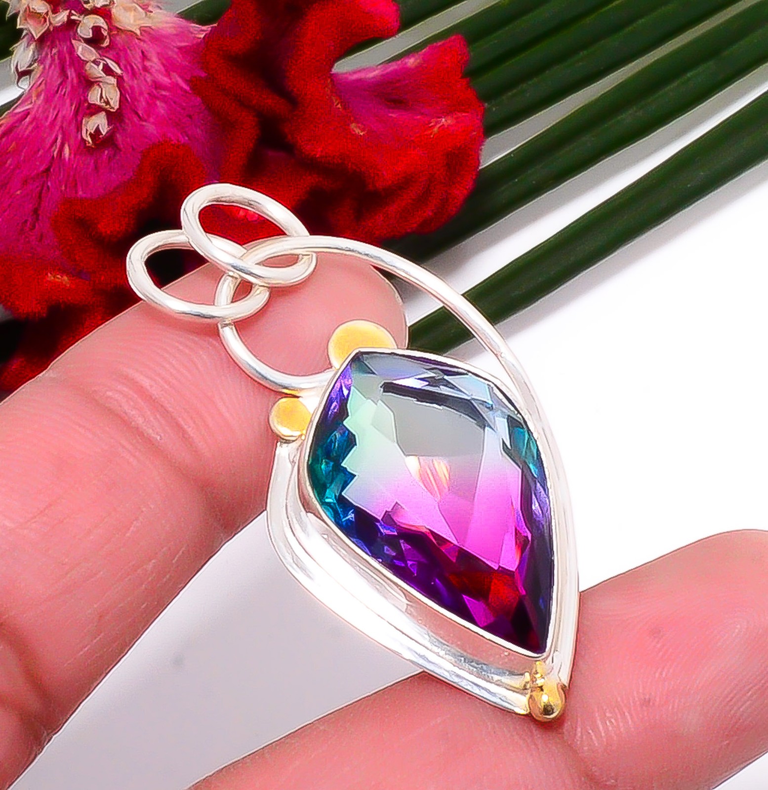 Bi-Colour Tourmaline 925 Sterling Silver Two Tone Pendant 1.76″ Sk51, Christmas