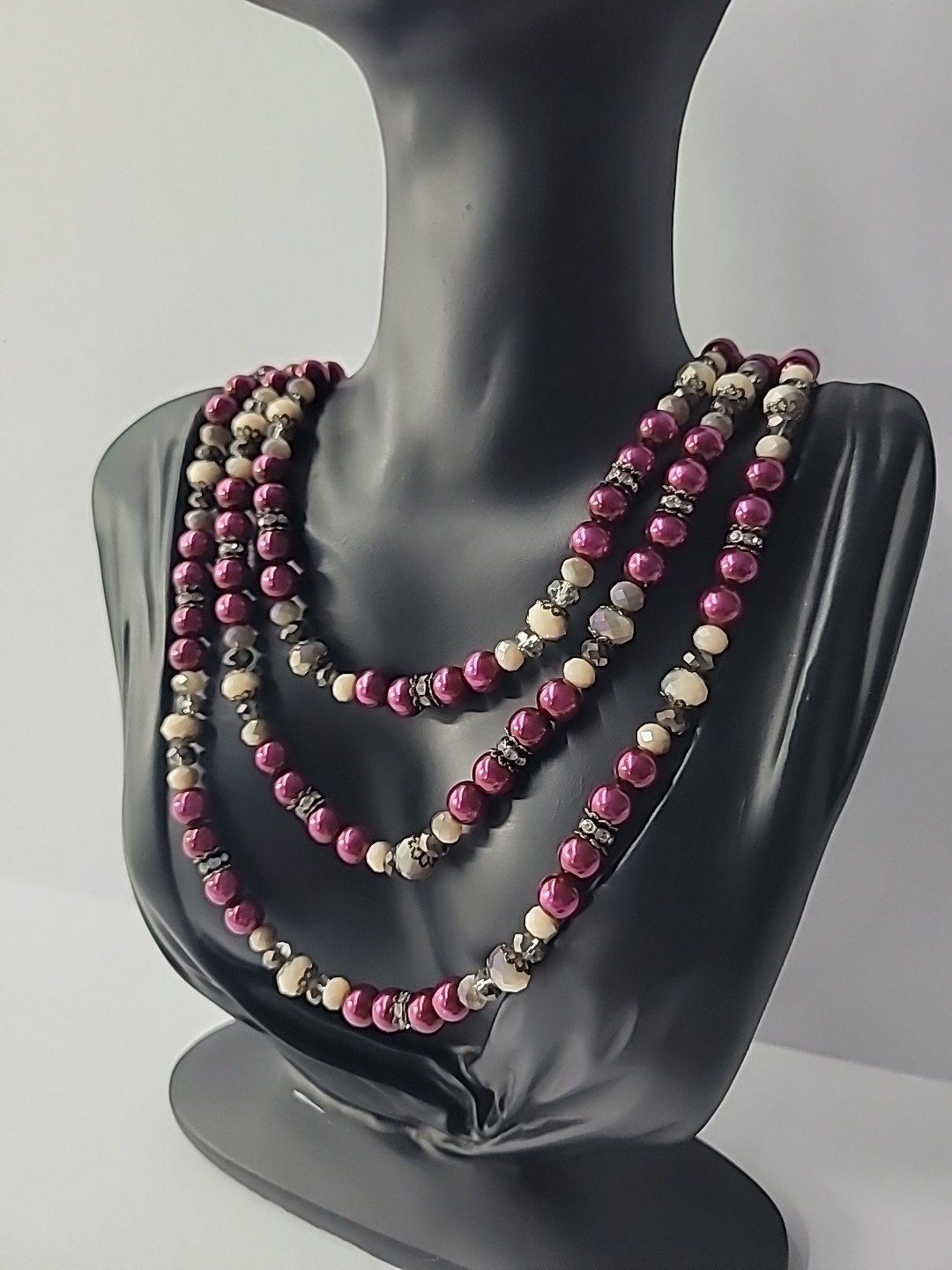 Vintage Necklace Beaded Pink Purple White Crystals Jewelry Costume
