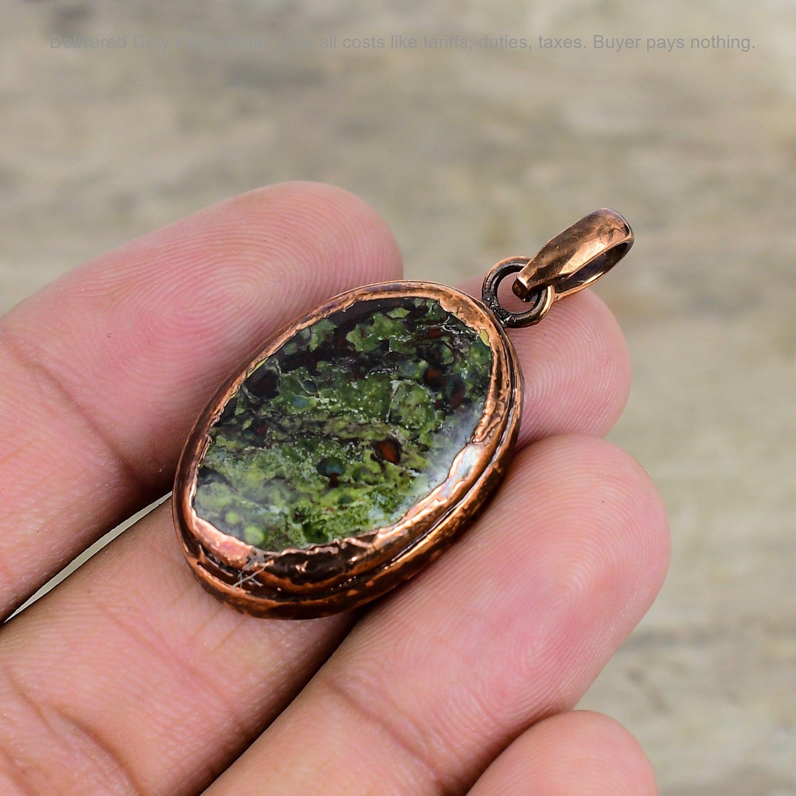 Copper Oval Dragon Bloodstone Stone Daughter Artisan Electroformed Bezel Pendant