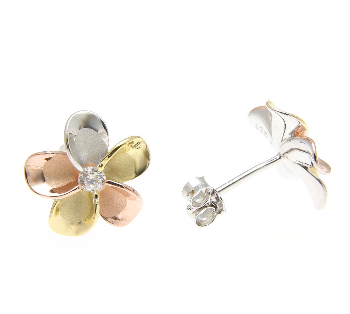 YELLOW ROSE GOLD SILVER 925 TRICOLOR HAWAIIAN PLUMERIA STUD EARRINGS CZ 8MM-18MM