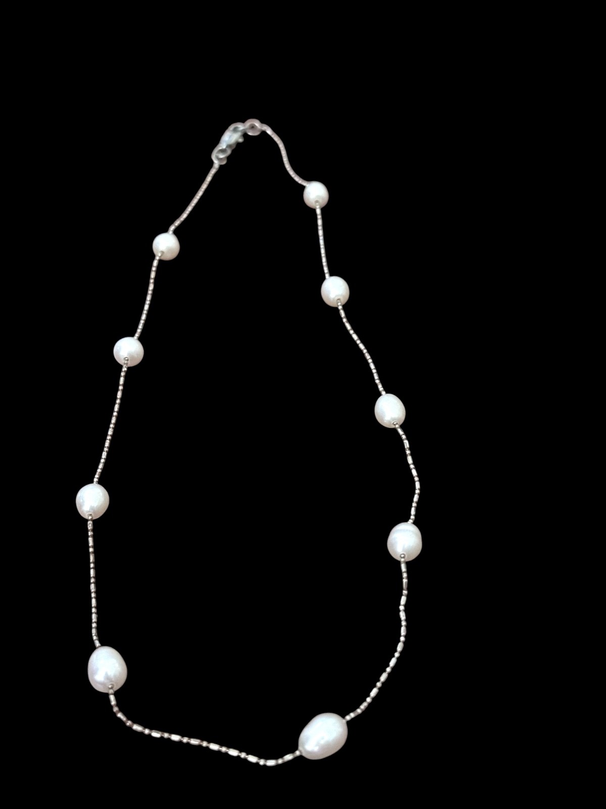Fresh Water Pearl Necklace- white pearls-silver color- thin strand-18″