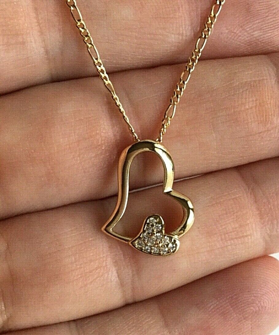 18K GOLD FILLED CZ HEART LOVE NECKLACE 20″ LONG/CADENA DE CORAZON 20″- 18x14mm