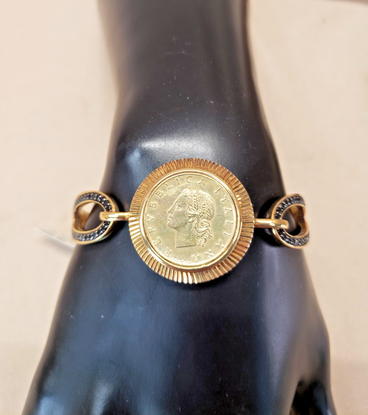 Bellezza Italy Coin Bangle Bracelet Bronze with Black CZ 20 Lira with Tag