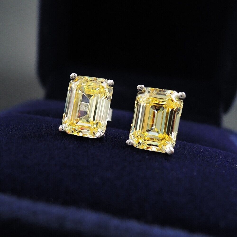 3CT Rectangle Canary Created Diamond Stud Earrings in 925 Solid Silver