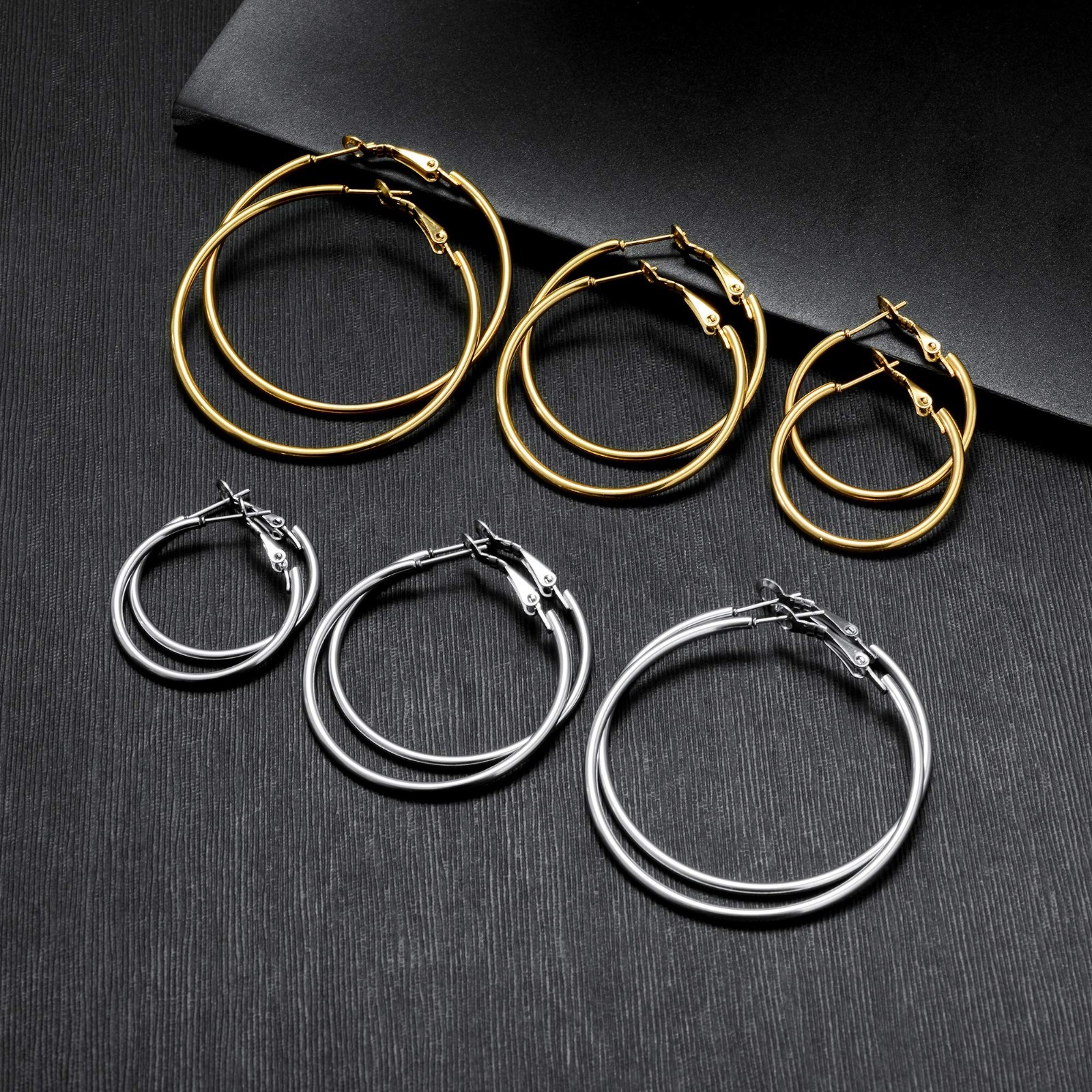 6 Pairs Gold & Silver Hoop Earrings Set – Lightweight Stainless Steel Hoops Set