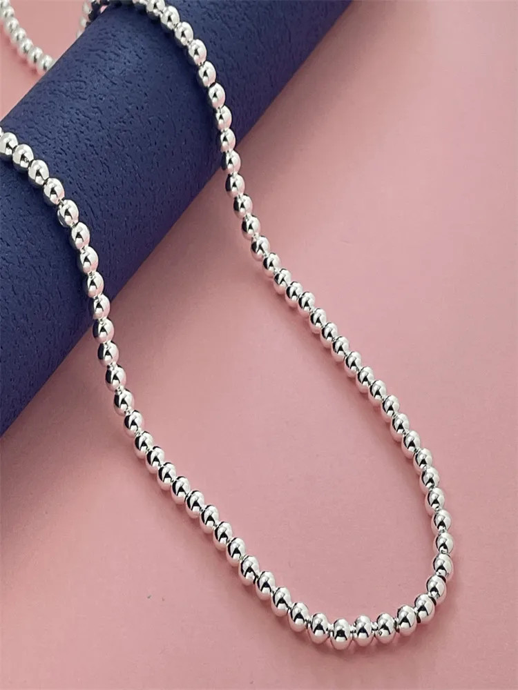 Round Bead Chain Necklace 925 Sterling Silver 4mm Classic Wedding Men Jewelry