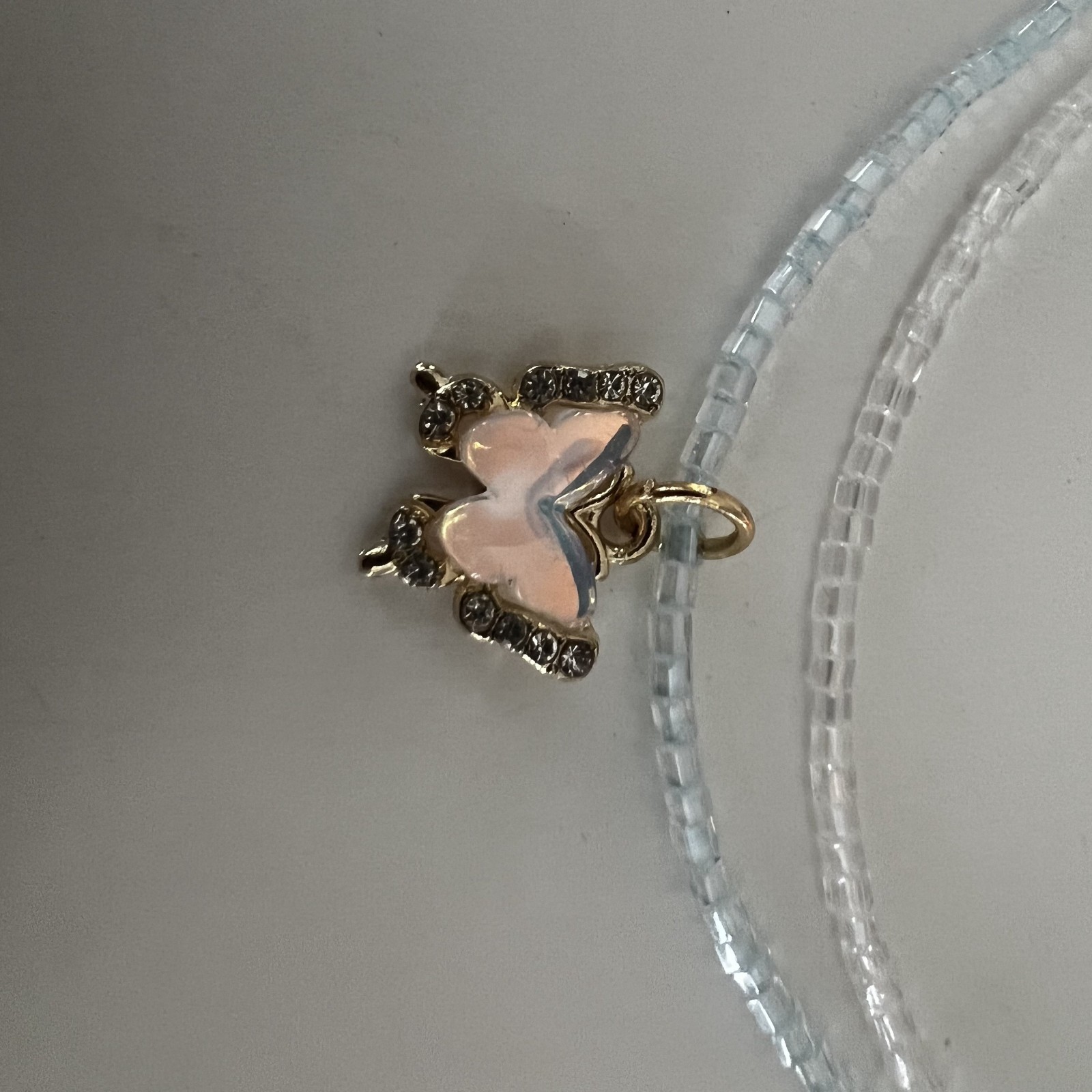 Handmade clear cube bead layered necklace choker gold tone rhinestone butterfly