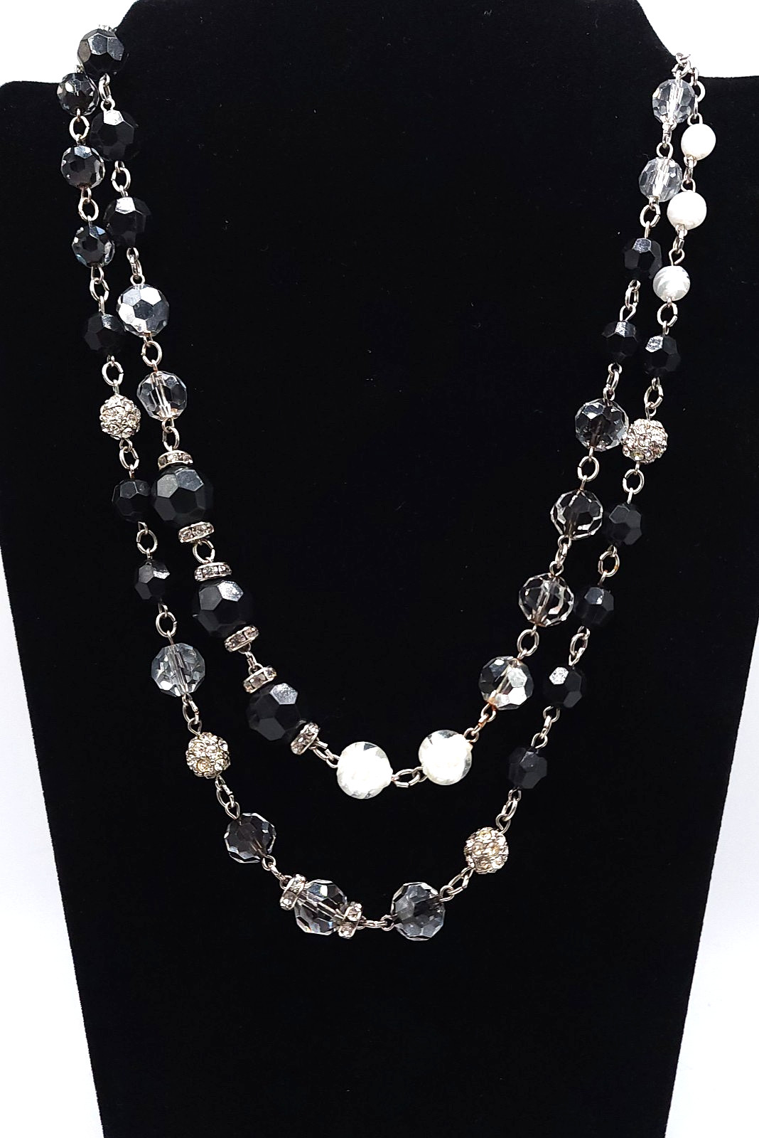 Black White Clear Beaded Necklace Double Strand Crystal Rhinestone 21in