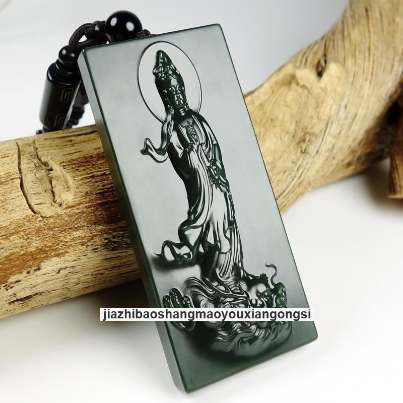 Certified Grade A Hotan Green Jasper Jade Kwan-yin GuanYin Buddha grave Pendant