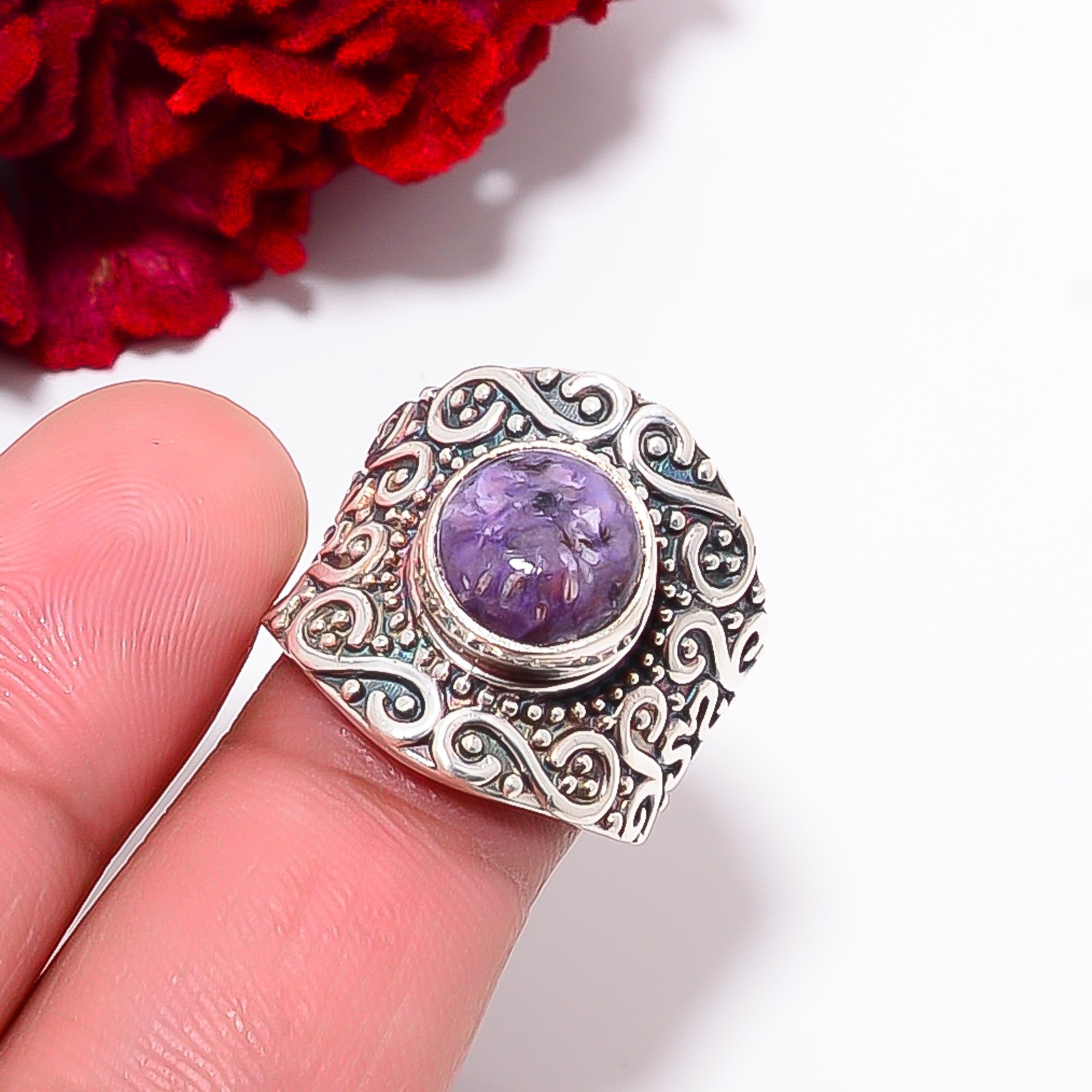 Purple Charoite – Siberia Designer Handmade 925 Sterling Silver Ring S.7 R98316