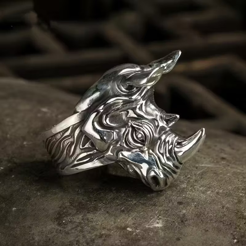 Rhino Horn Open Ring Jewelry Silvery Rhinoceros Animal Adjustable Resizable