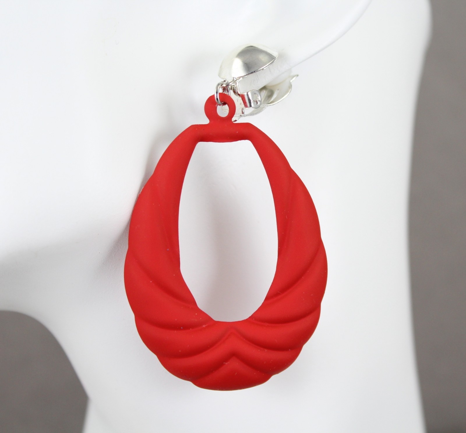 Red oval teardrop Clip On earrings pendant clips 2.75″ long lightweight