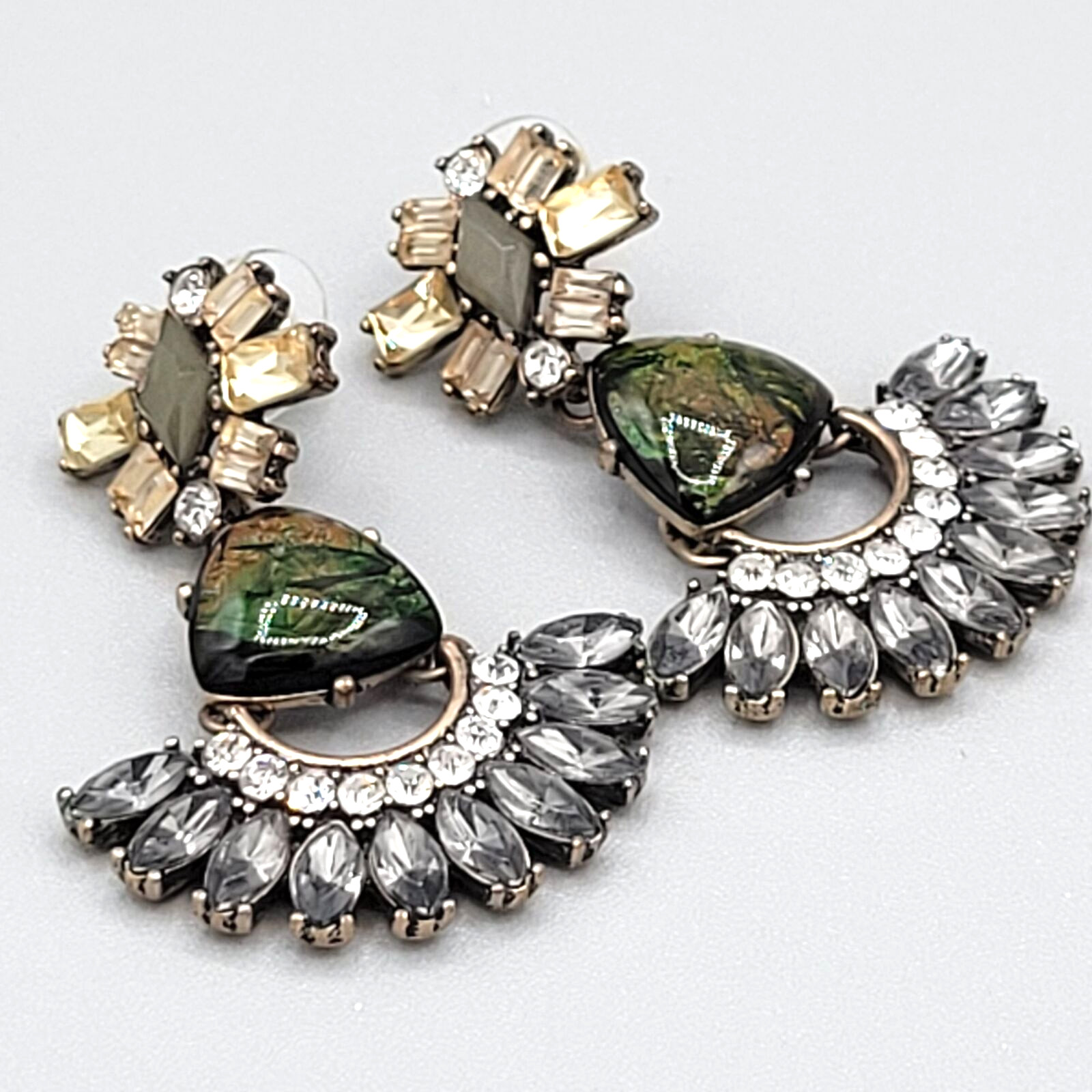 Dangling Earrings Green and Black Beads with Rhinestone Accents 2 inches Length