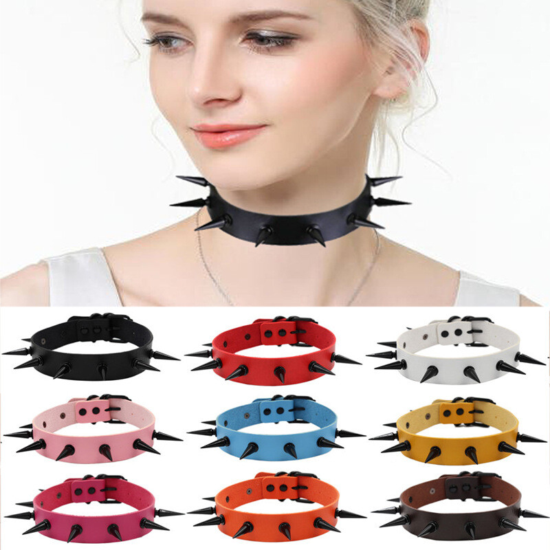 Gothic Punk PU Leather Alloy Spike Rivet Choker Necklace Unisex Rock Club Wear