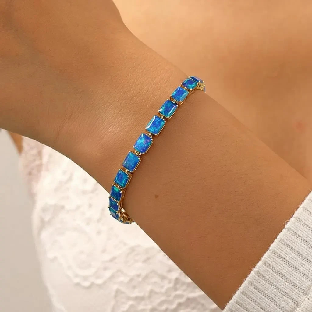 Fire Blue Opal Gemstone Silver Tennis Bracelet, Natural Opal Gemstone 925 Silver