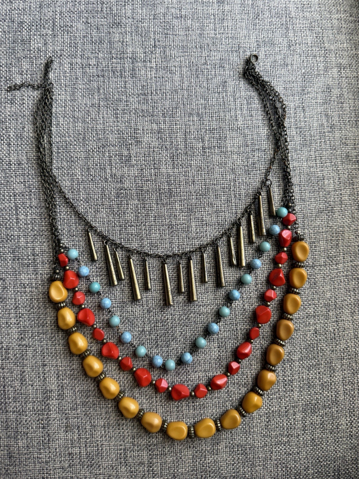 Multi-Strand Beaded Statement Necklace with Bronze-Tone Accents