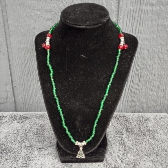 Glass Seed Bead Long Necklace Small Christmas Tree Charm Green Red 23.5 in Long