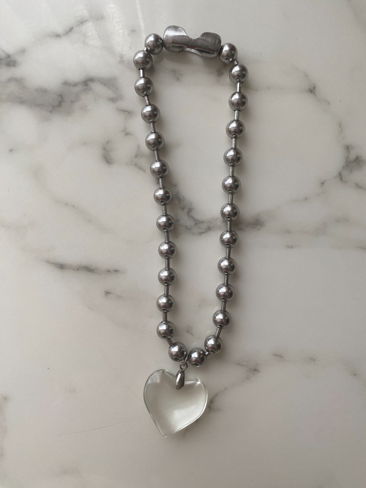 Clear Bubble Heart Necklace Silver Chunky Ball Chain Y2K – 8.75″ Overall Length