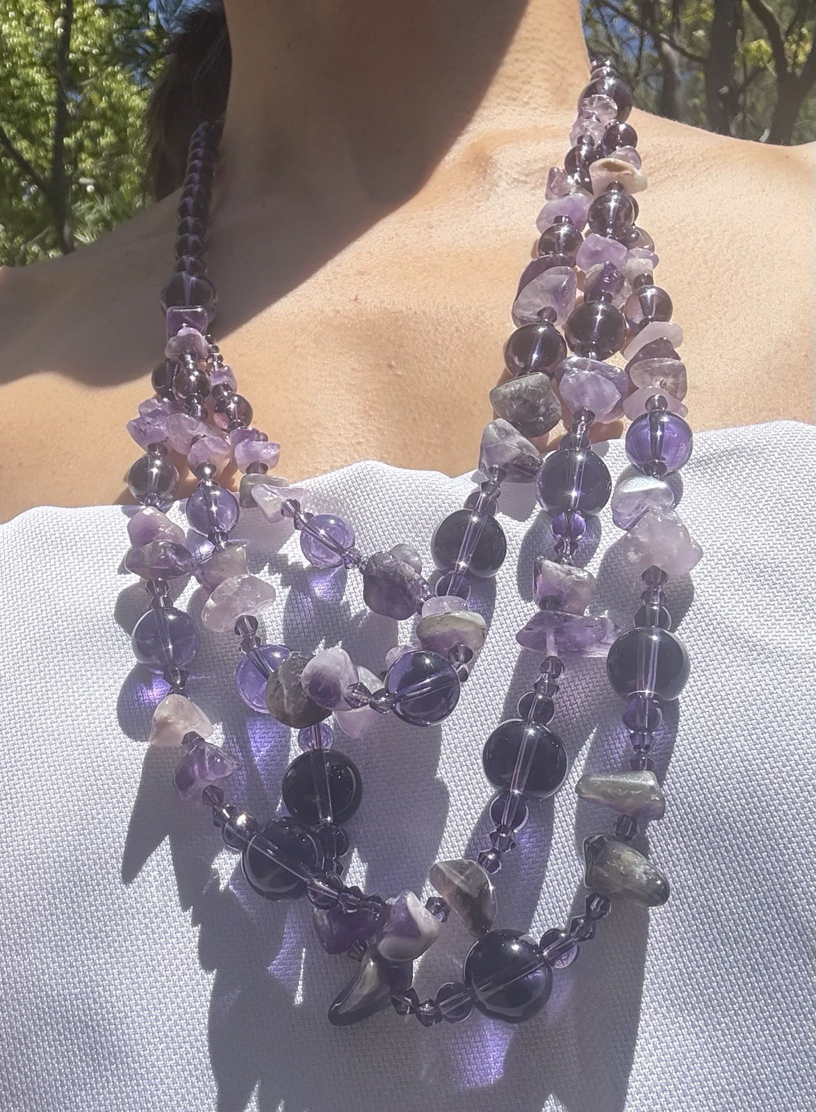 Purple Multi-Strand Round Amethyst & Quartz Beaded Layered Bohemian Necklace