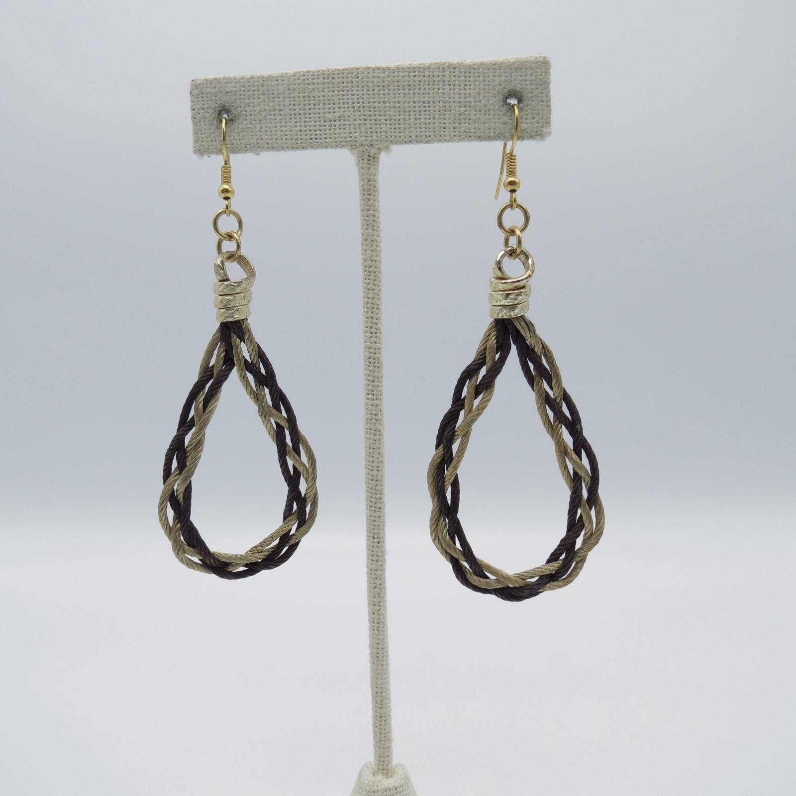 Teardrop Dangle Earrings Brown Beige Braided Rope Gold Tone Boho