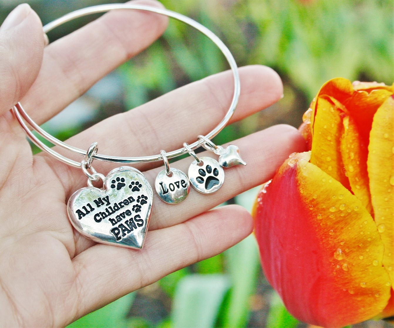 Pet Mom Expandable Wire Bangle Bracelet Paw Print Sterling Silver Plt Dog Cat
