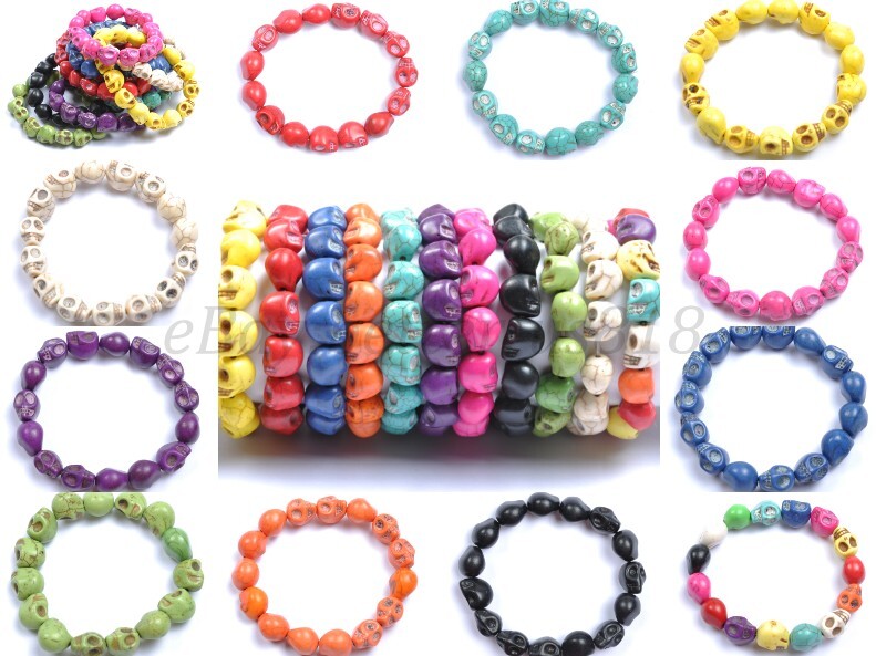 1Pcs Turquoise Sugar Skull Charms Beads Elastic Wristband Bracelets U Pick Color