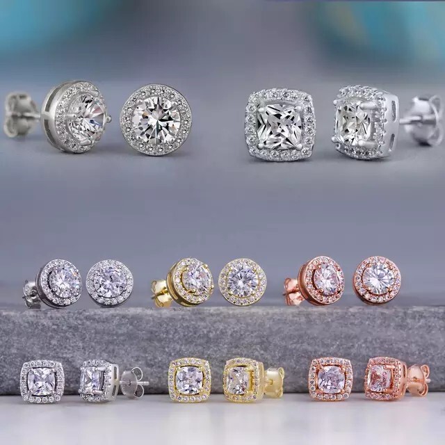 Gold, Silver Plated Stud Earrings With Cubic Zirconia Unisex, Women, Men