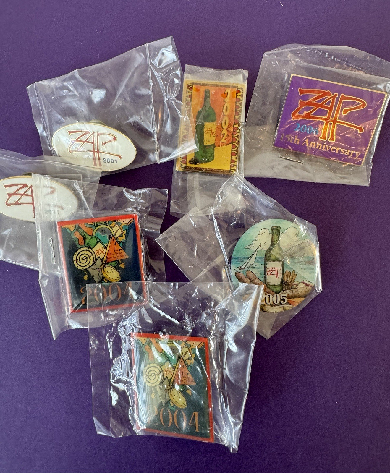 ZAP 2001 ,02,04,05,06 Zinfandel Festival Enamel Pin Lot Of 7 New