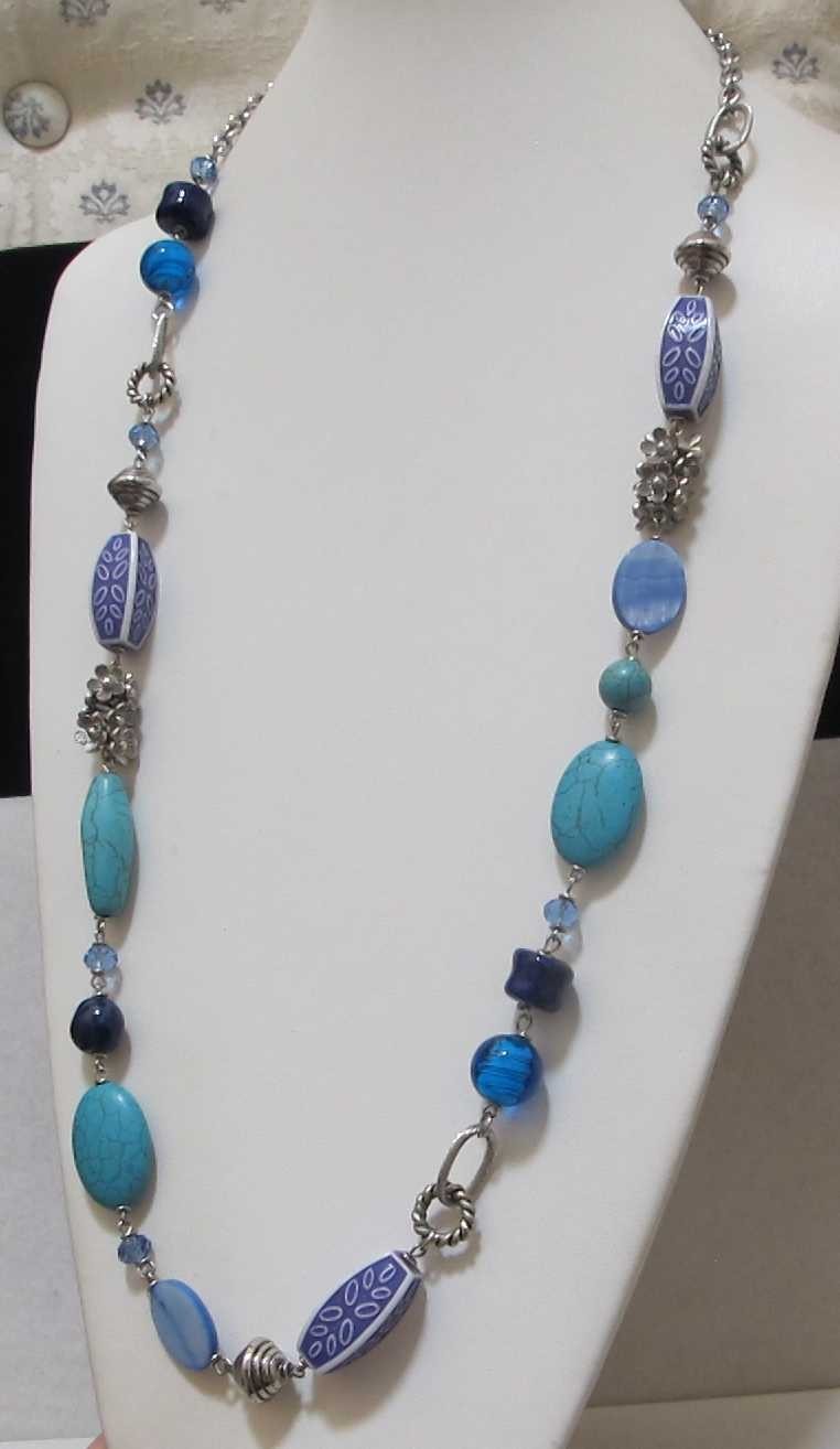 PREMIER DESIGNS “Blue Lagoon” Silver Tone Howlite, Acrylic, Glass 36” Necklace