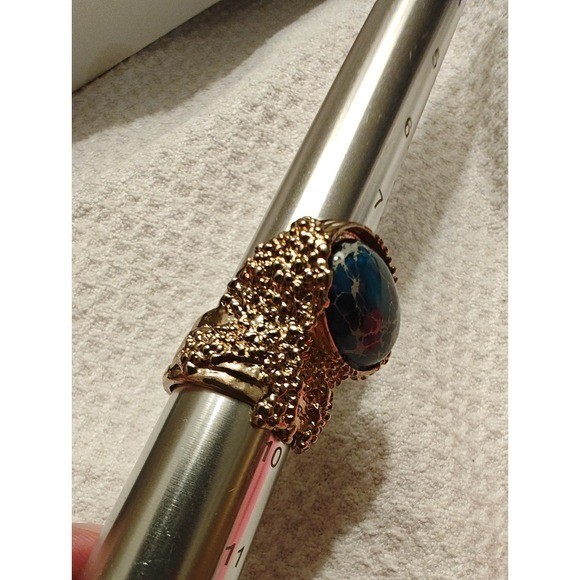 Ring Blue Cabochon Gold Tone Textured Statement Arty Style Celebrity Favorite