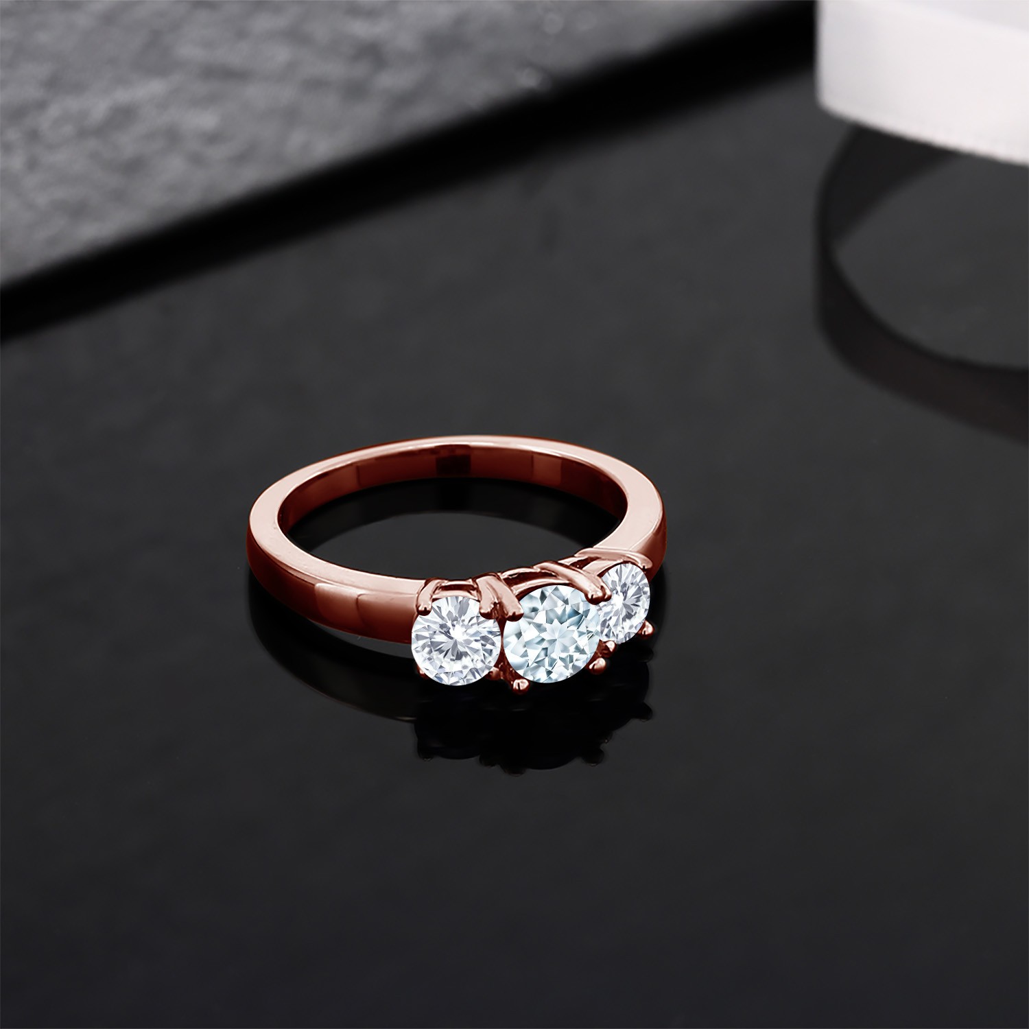 18K Rose Gold Plated Silver 3-Stone Ring Aquamarine Moissanite (0.96 Cttw)