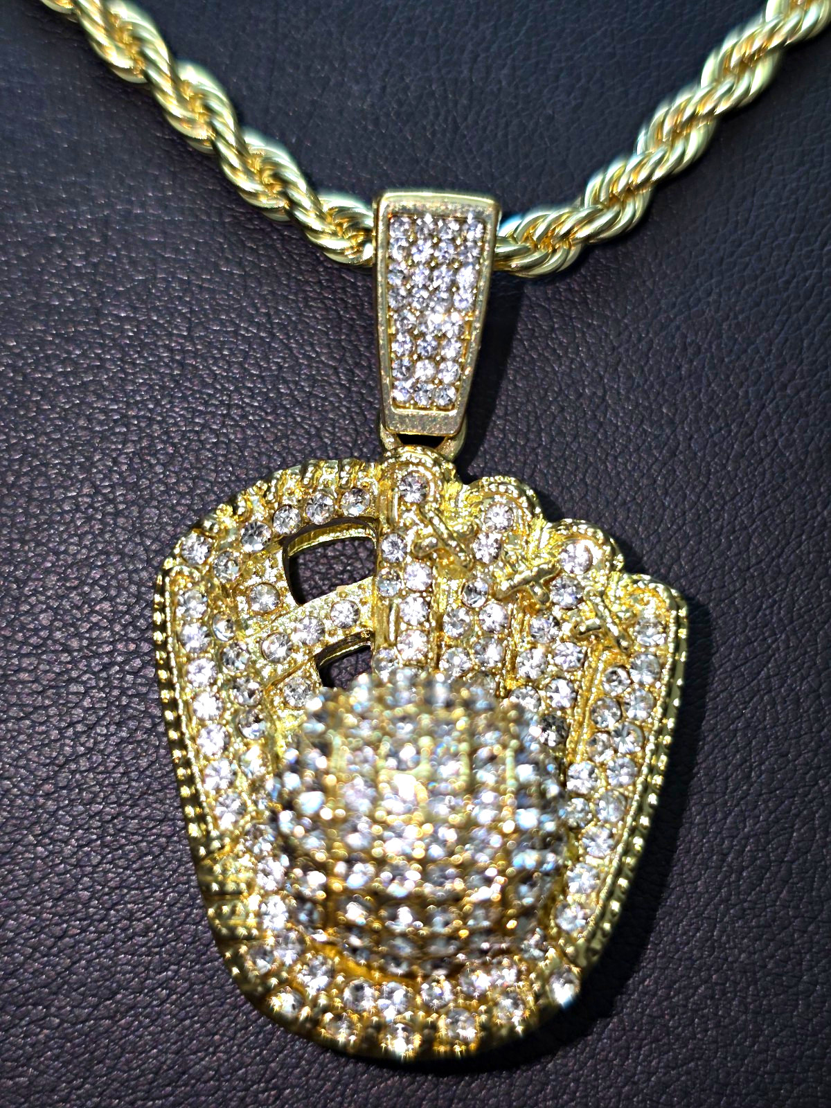 Gold FILLED Rope Chain Necklace Baseball Glove Moissanite Charm Pendant