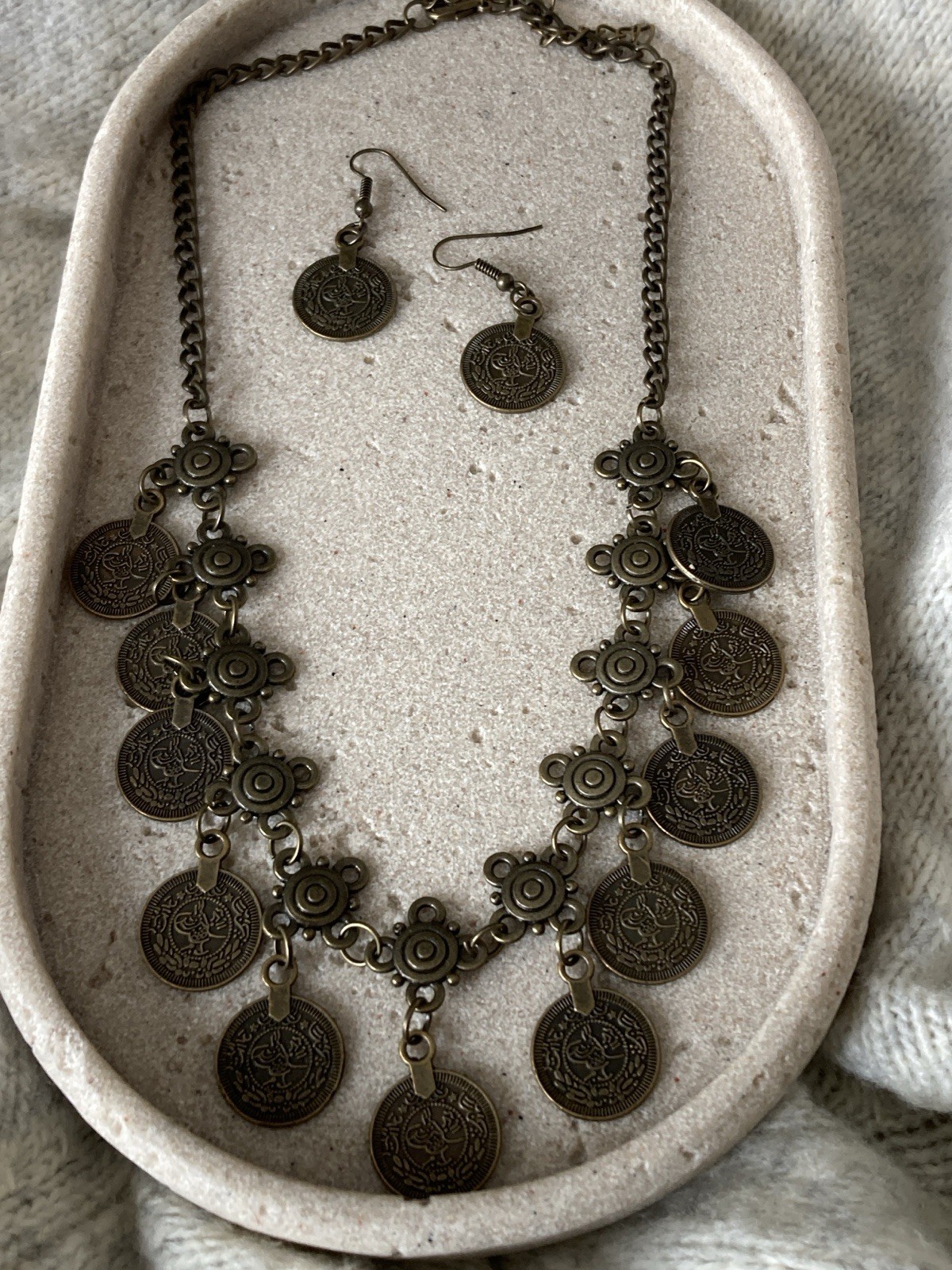 Bronze Tone Coin Necklace & Earrings Set Boho Tribal Statement Festival Charms
