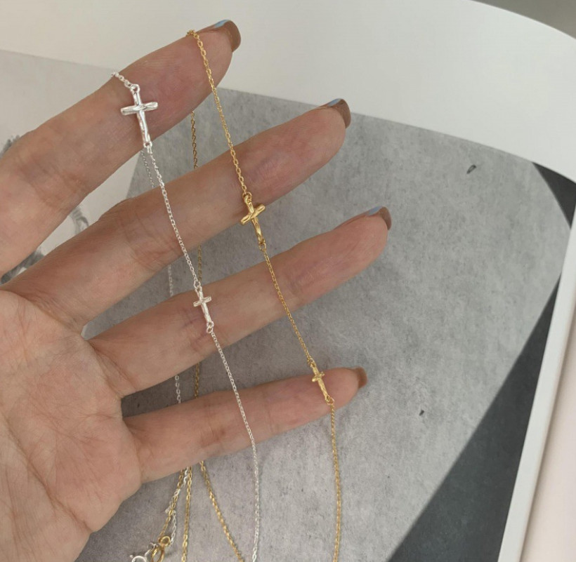S925 Sterling Silver Religious Necklace Sideways Cross Choker 16+2″ Chain D13
